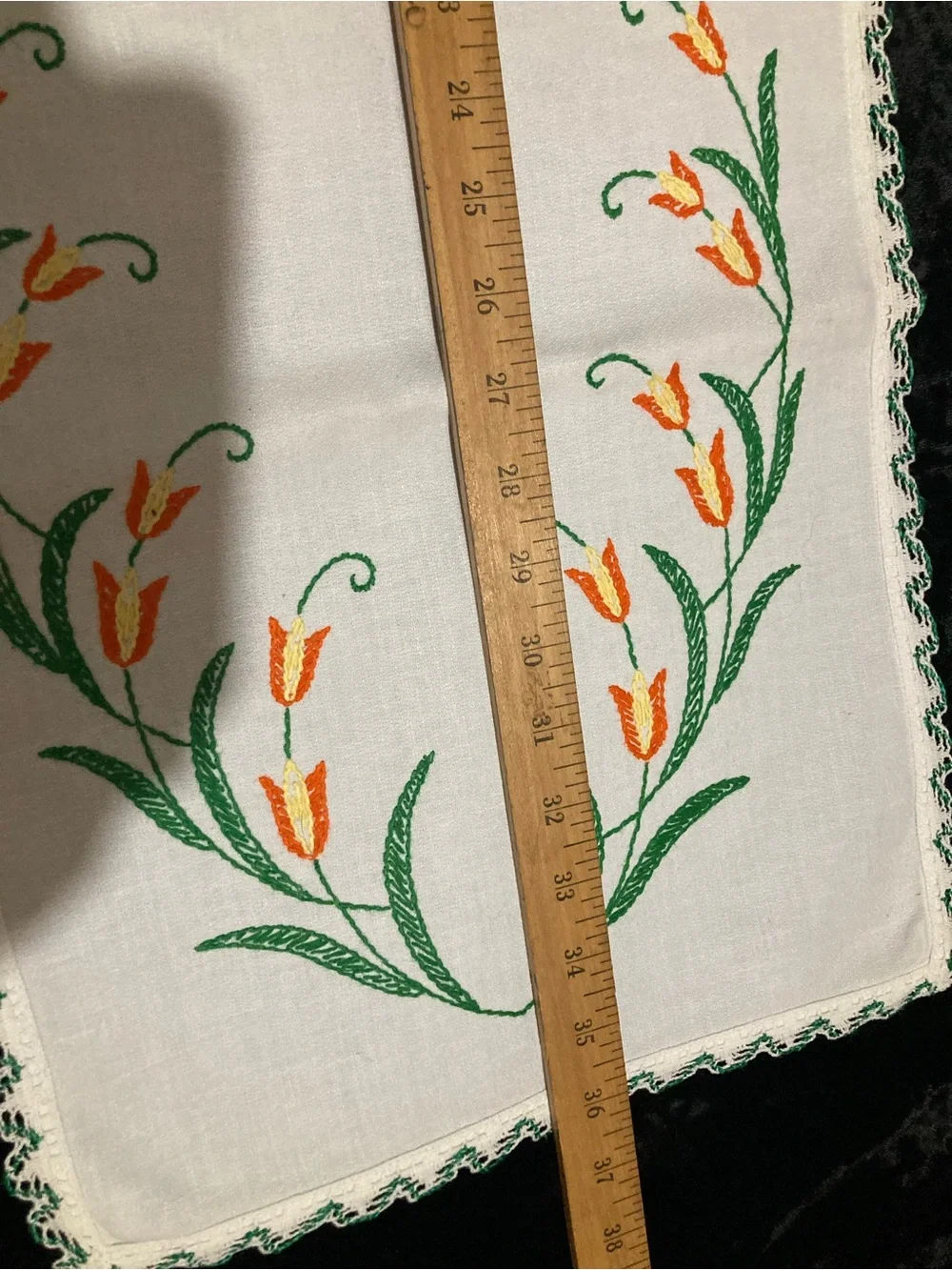 Vintage Embroidered Cotton Table Runner with Orange Floral Accents 36x13”